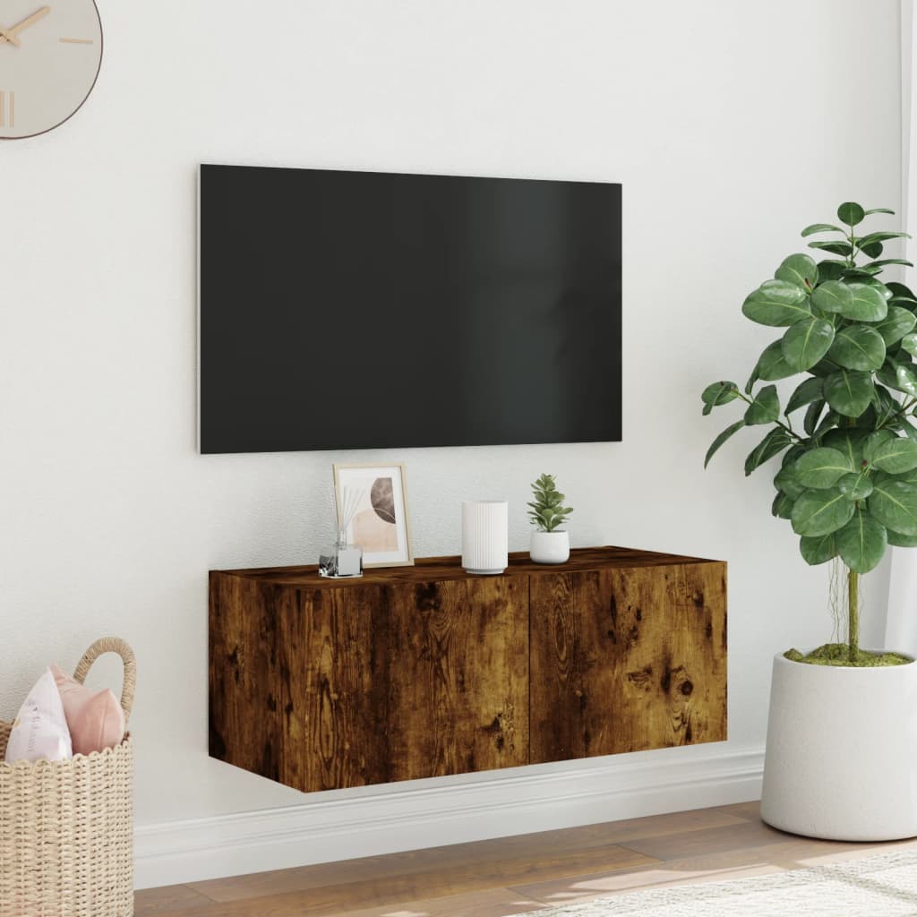 Meuble TV mural avec lumières LED chêne fumé 80x35x31 cm - XIOS