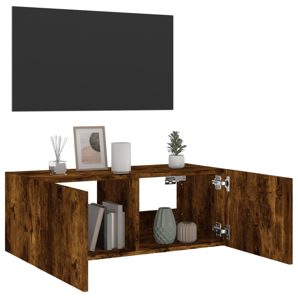 Meuble TV mural avec lumières LED chêne fumé 80x35x31 cm - XIOS