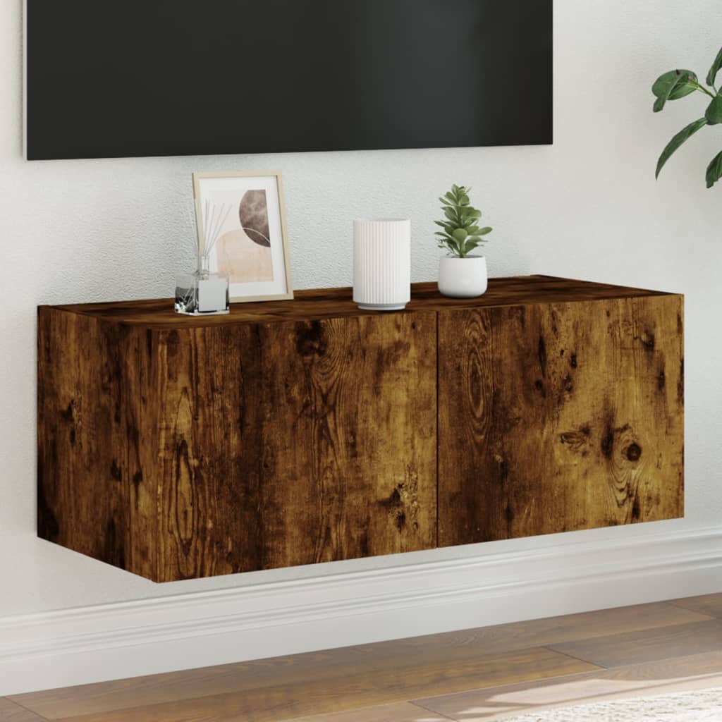 Meuble TV mural avec lumières LED chêne fumé 80x35x31 cm - XIOS