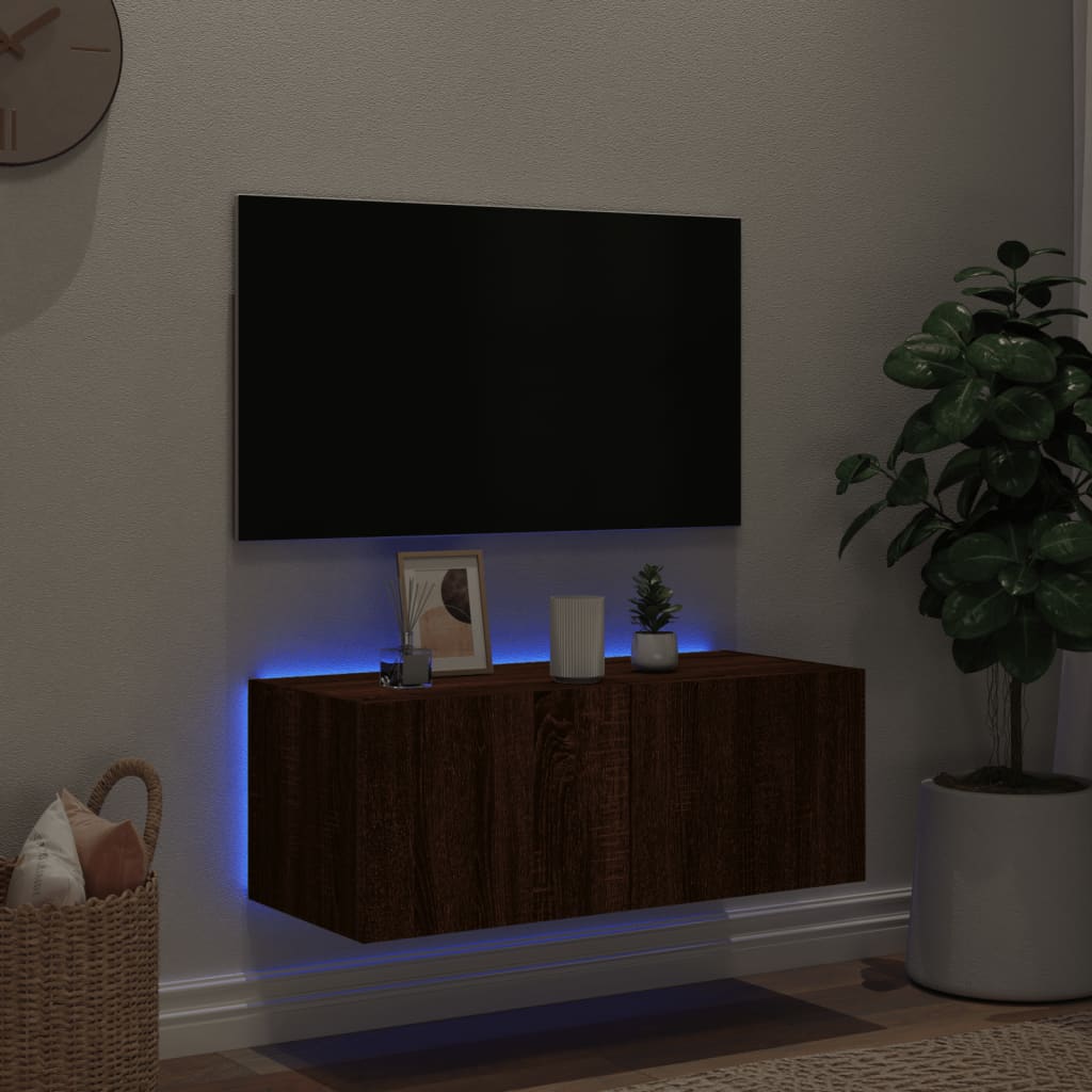 Meuble TV mural avec lumières LED chêne marron 80x35x31 cm - XIOS