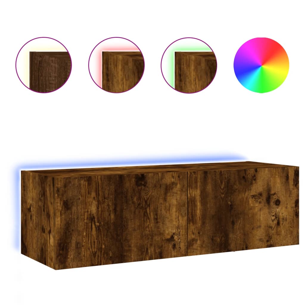 Meuble TV mural avec lumières LED chêne fumé 100x35x31 cm - XIOS