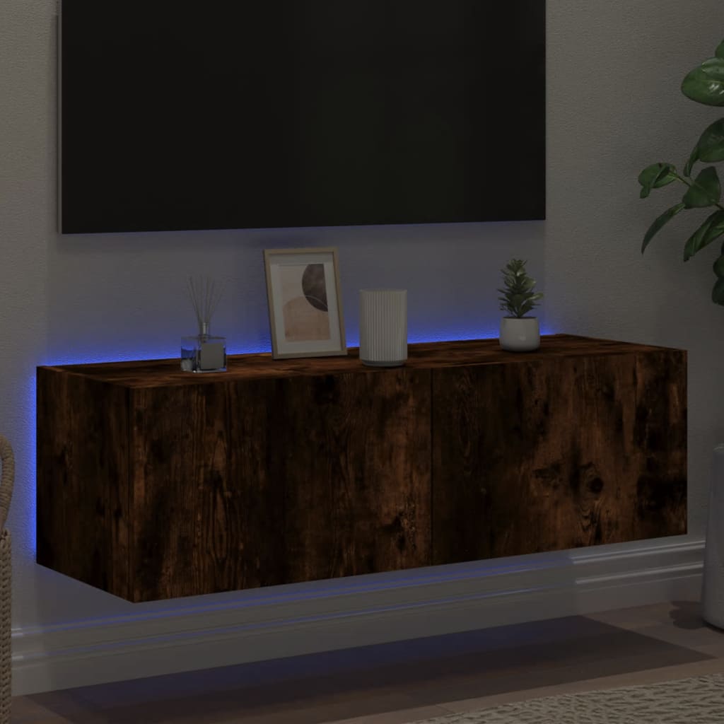 Meuble TV mural avec lumières LED chêne fumé 100x35x31 cm - XIOS