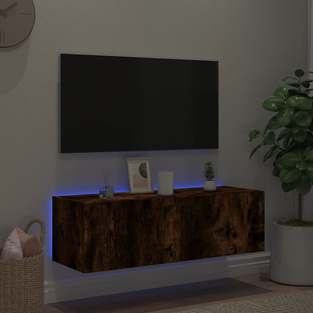 Meuble TV mural avec lumières LED chêne fumé 100x35x31 cm - XIOS