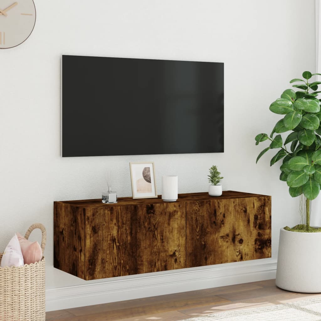 Meuble TV mural avec lumières LED chêne fumé 100x35x31 cm - XIOS