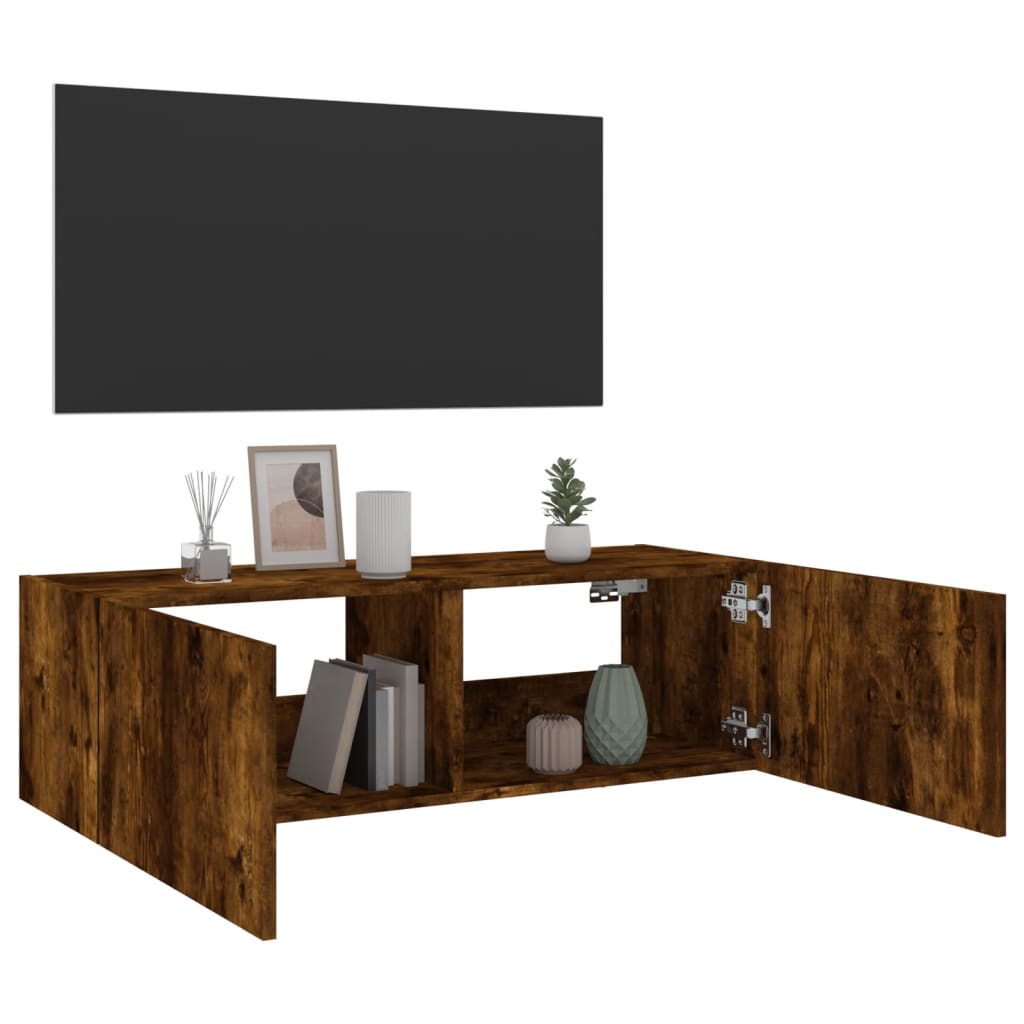 Meuble TV mural avec lumières LED chêne fumé 100x35x31 cm - XIOS