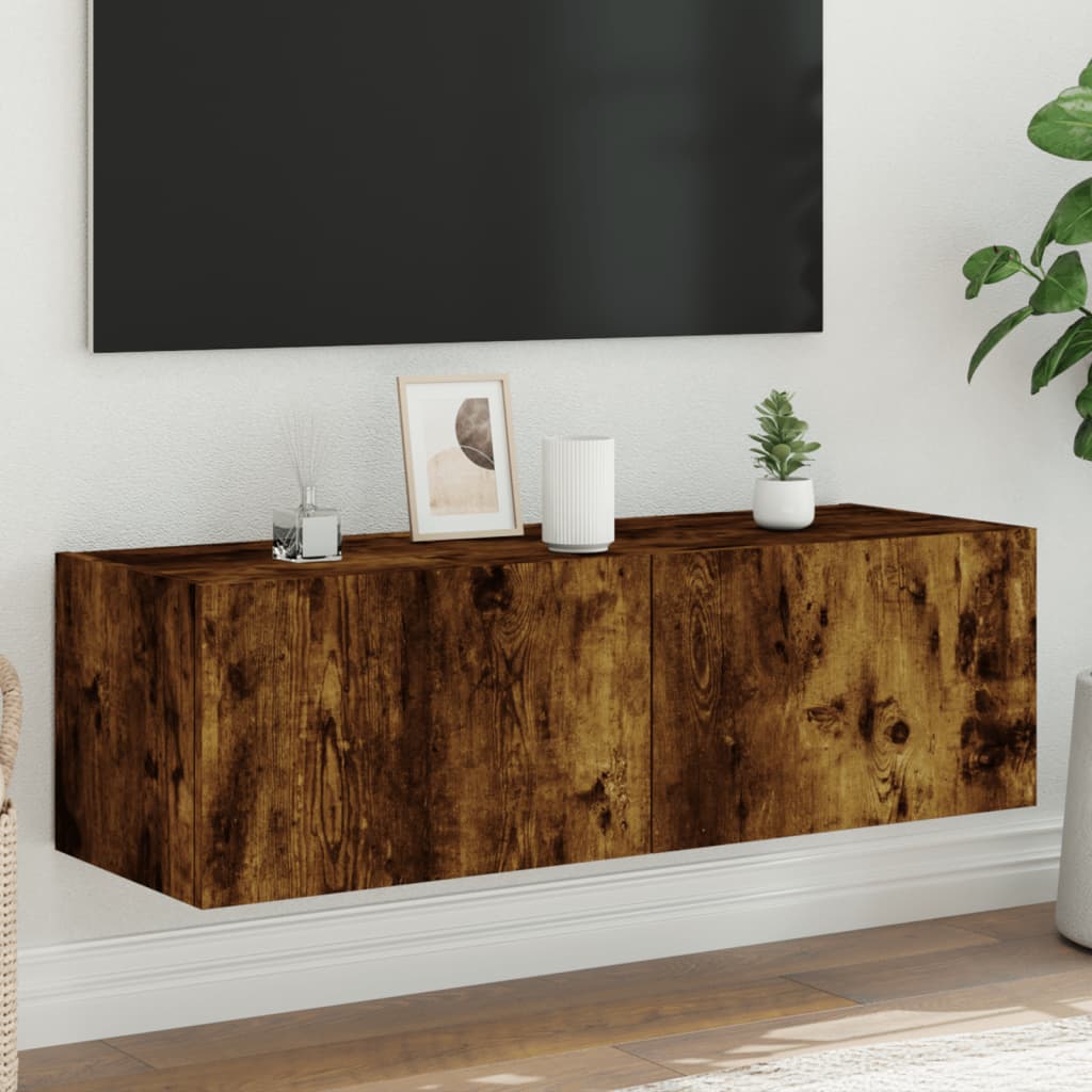 Meuble TV mural avec lumières LED chêne fumé 100x35x31 cm - XIOS