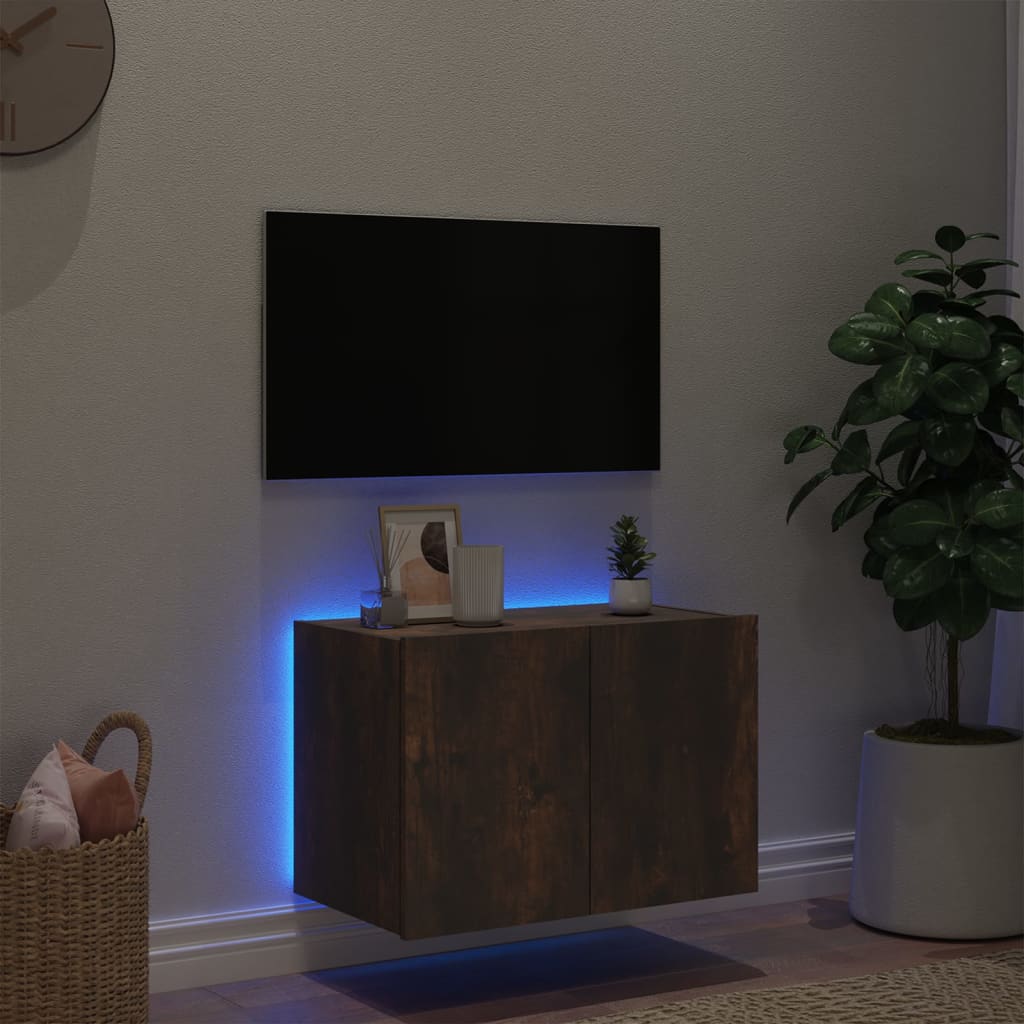 Meuble TV mural avec lumières LED chêne fumé 60x35x41 cm - XIOS