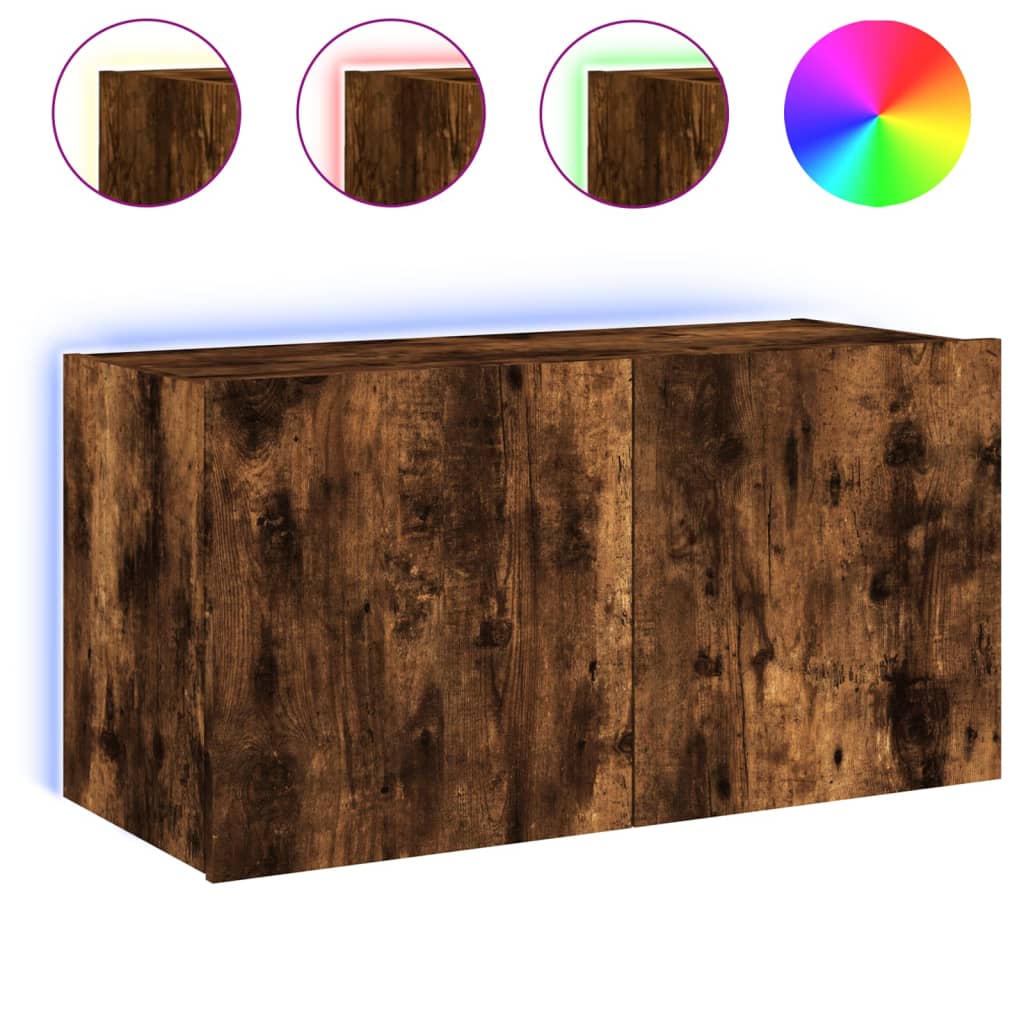 Meuble TV mural avec lumières LED chêne fumé 80x35x41 cm - XIOS