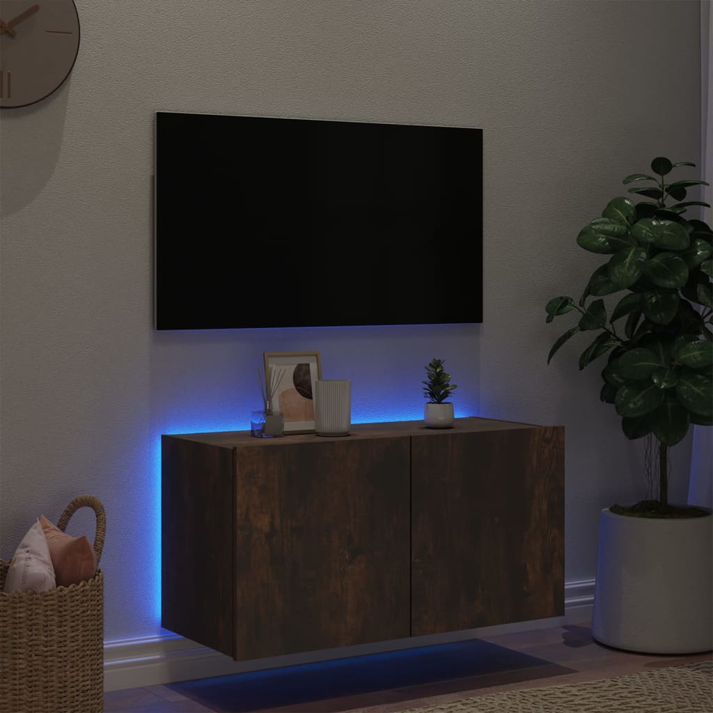 Meuble TV mural avec lumières LED chêne fumé 80x35x41 cm - XIOS