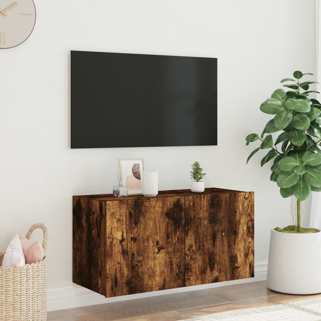Meuble TV mural avec lumières LED chêne fumé 80x35x41 cm - XIOS