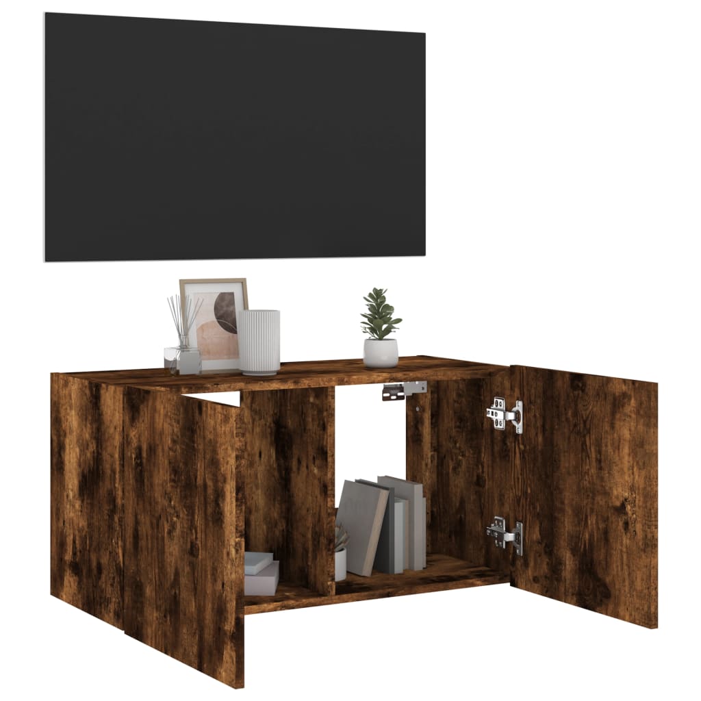 Meuble TV mural avec lumières LED chêne fumé 80x35x41 cm - XIOS