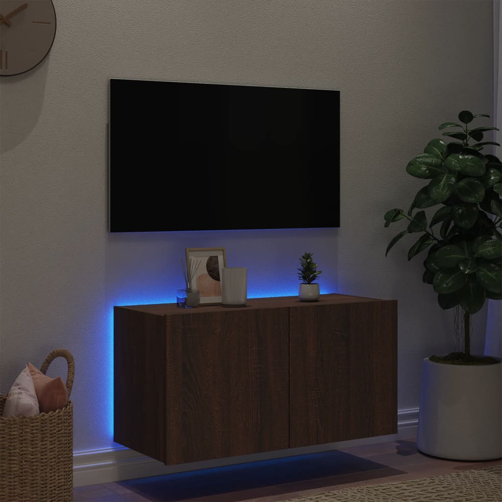Meuble TV mural avec lumières LED chêne marron 80x35x41 cm - XIOS