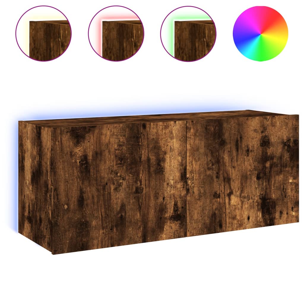 Meuble TV mural avec lumières LED chêne fumé 100x35x41 cm Meubles TV vidaXL   