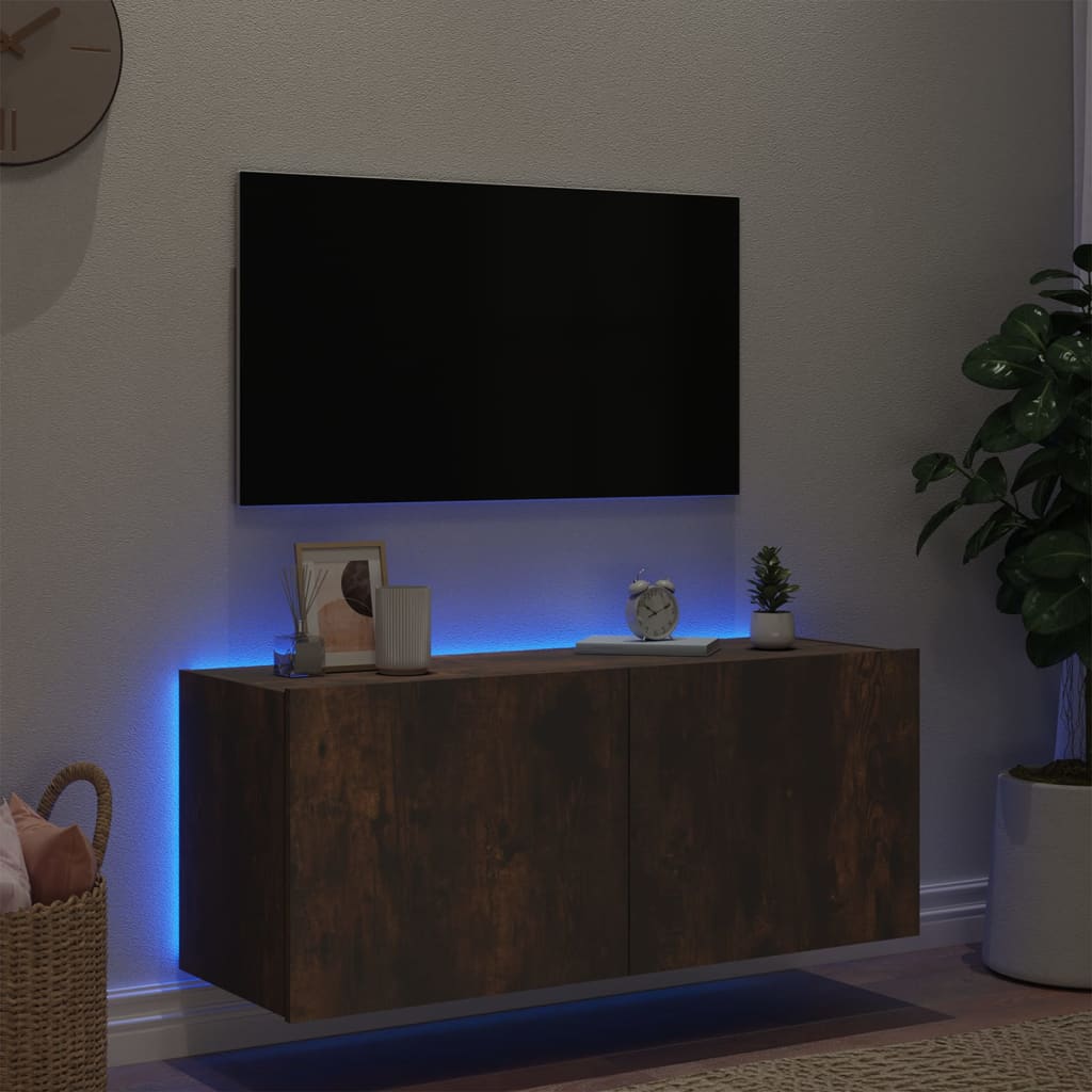 Meuble TV mural avec lumières LED chêne fumé 100x35x41 cm Meubles TV vidaXL   