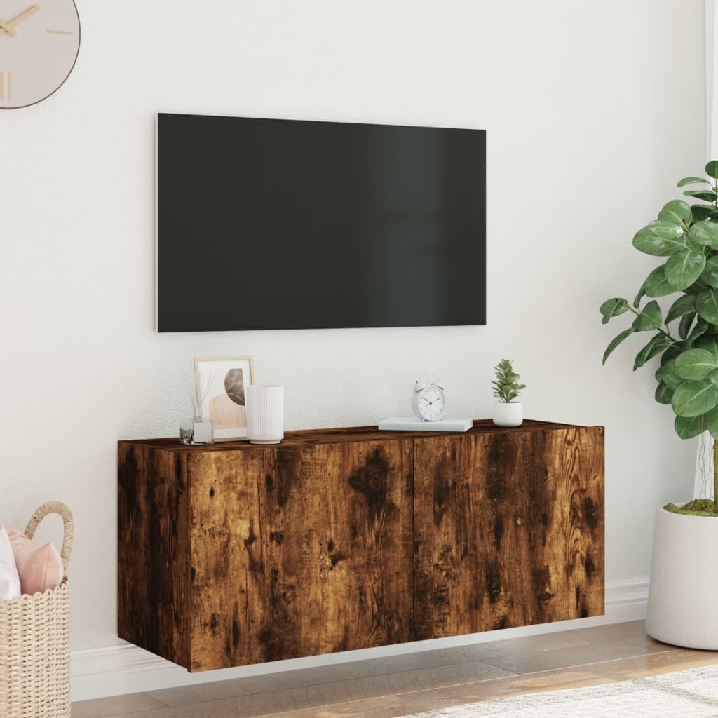 Meuble TV mural avec lumières LED chêne fumé 100x35x41 cm Meubles TV vidaXL   