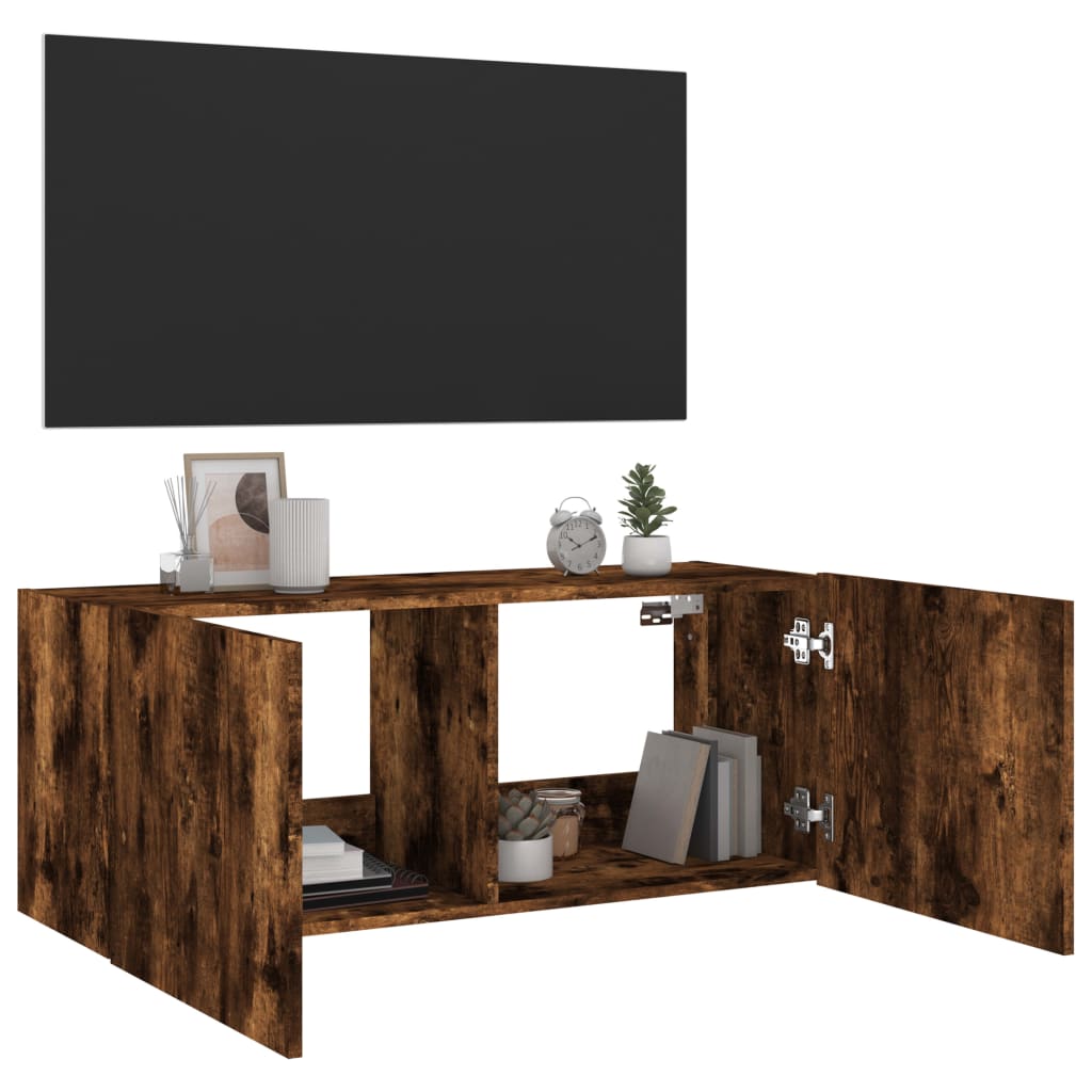 Meuble TV mural avec lumières LED chêne fumé 100x35x41 cm Meubles TV vidaXL   