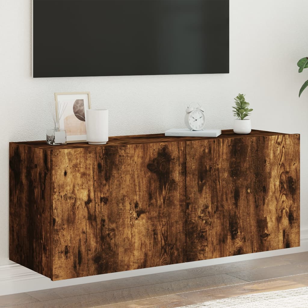 Meuble TV mural avec lumières LED chêne fumé 100x35x41 cm Meubles TV vidaXL   