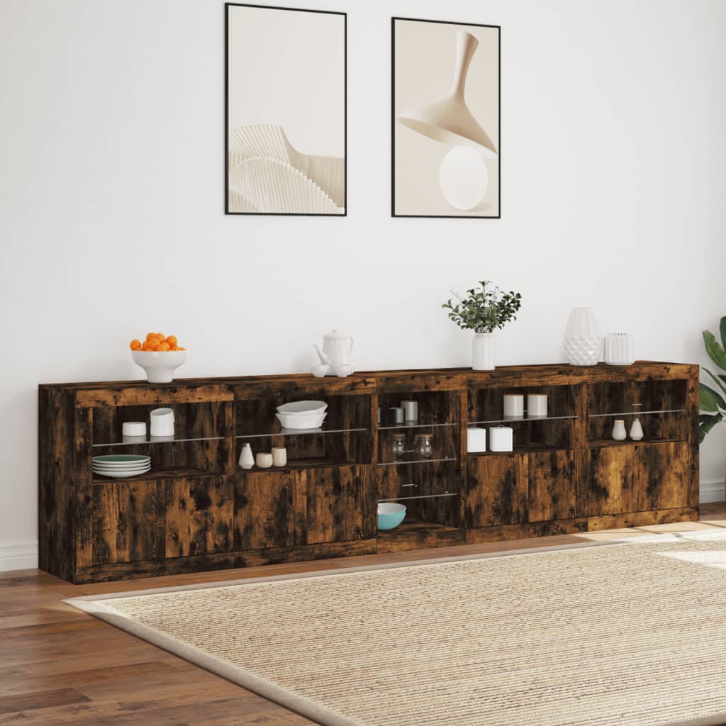 Buffet avec lumières LED chêne fumé 283x37x67 cm
