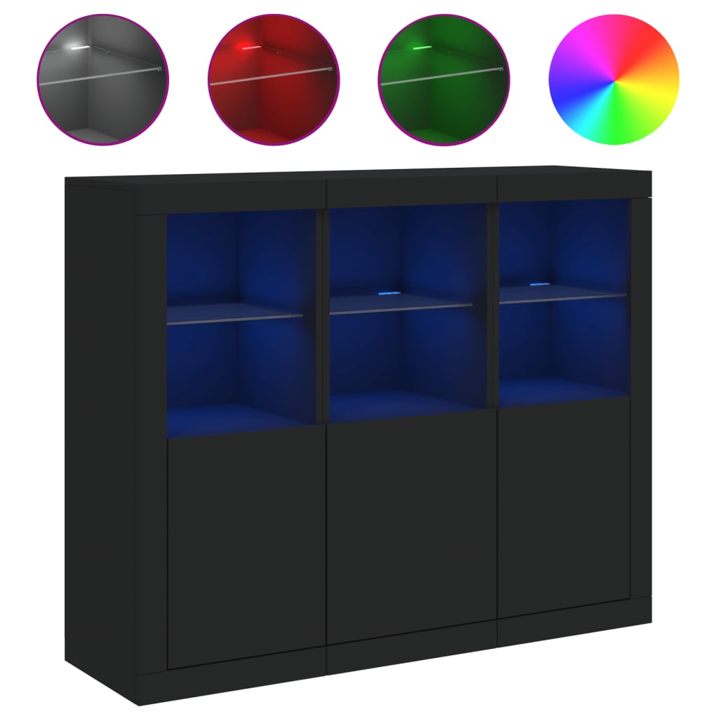 Buffets avec lumières LED 3 pcs noir bois d'ingénierie - XIOS