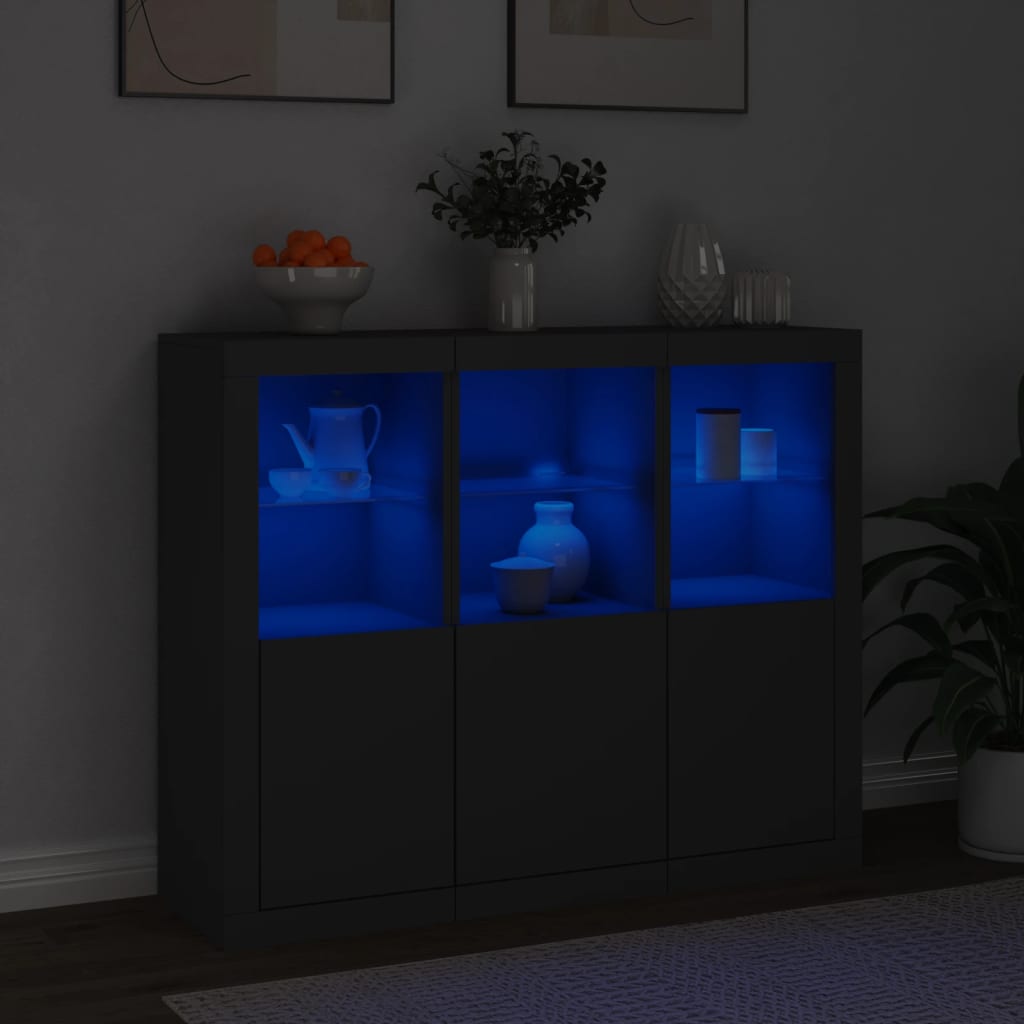 Buffets avec lumières LED 3 pcs noir bois d'ingénierie - XIOS