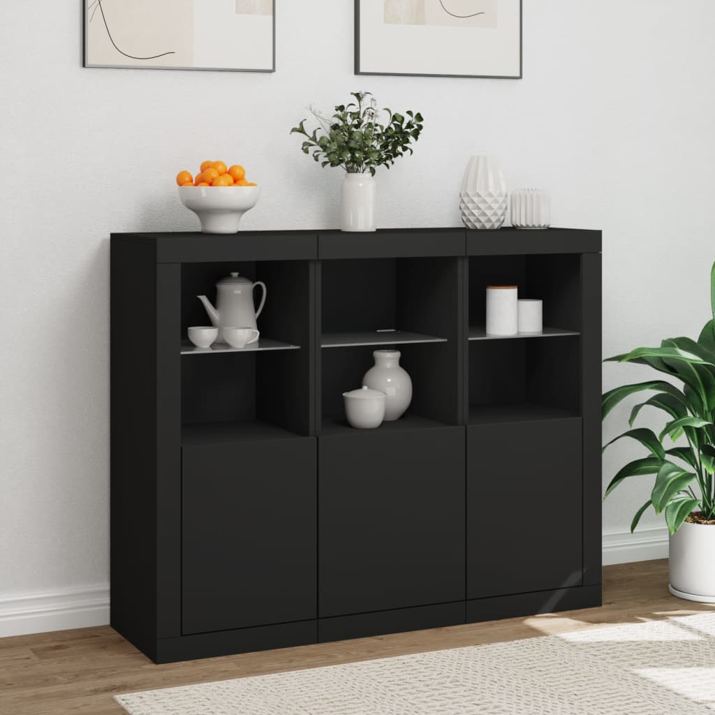 Buffets avec lumières LED 3 pcs noir bois d'ingénierie - XIOS