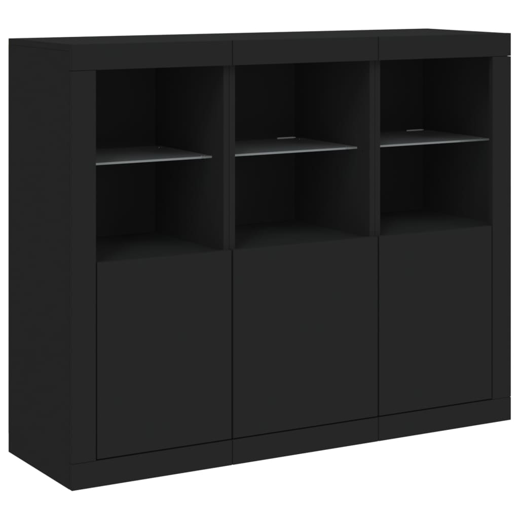 Buffets avec lumières LED 3 pcs noir bois d'ingénierie - XIOS