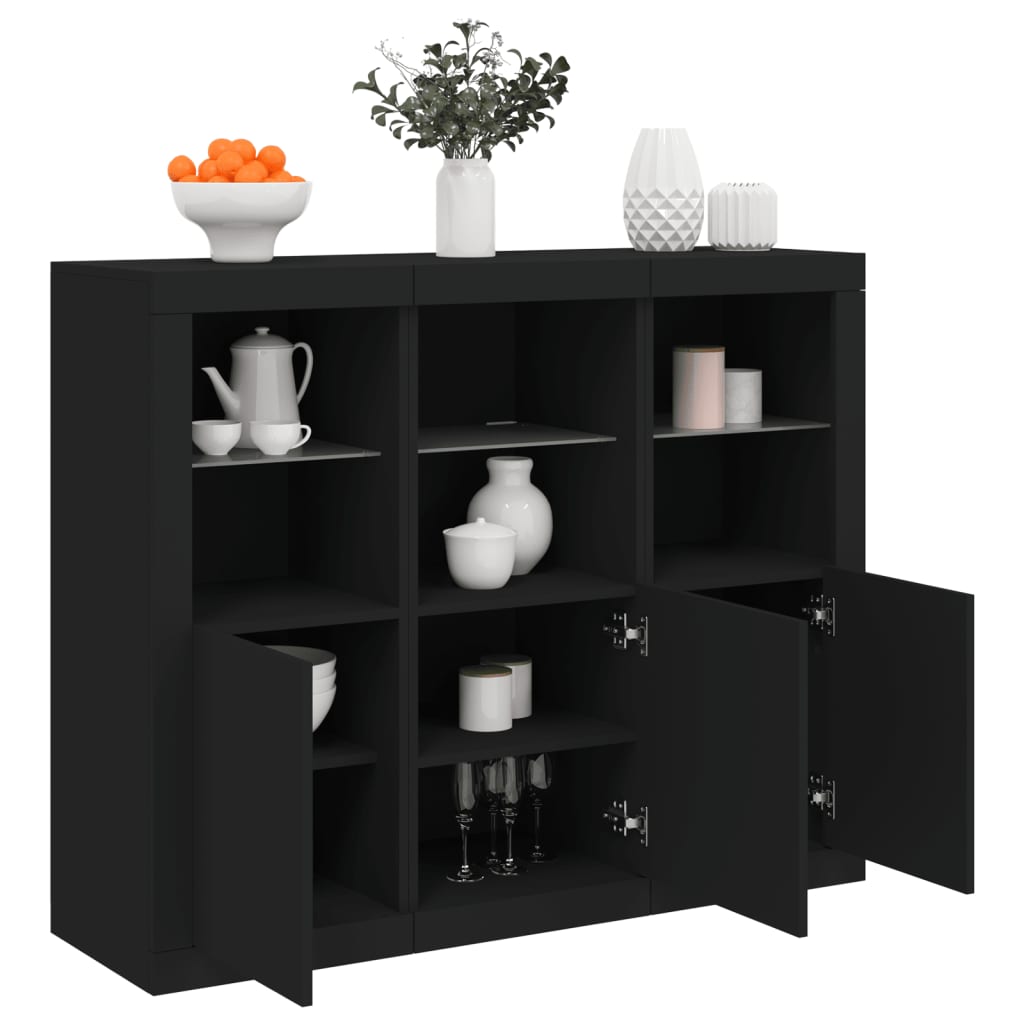Buffets avec lumières LED 3 pcs noir bois d'ingénierie - XIOS