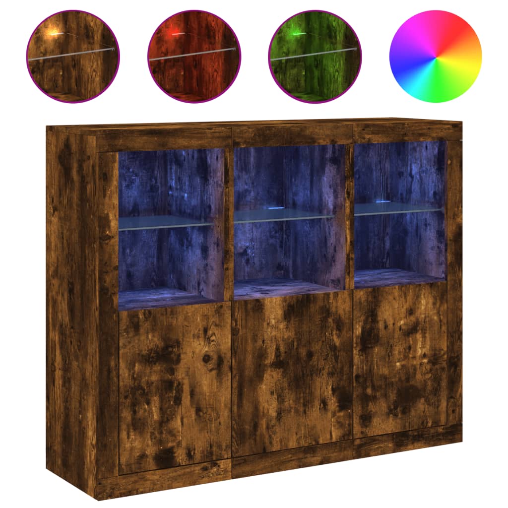 Buffets avec lumières LED 3 pcs chêne fumé bois d'ingénierie - XIOS