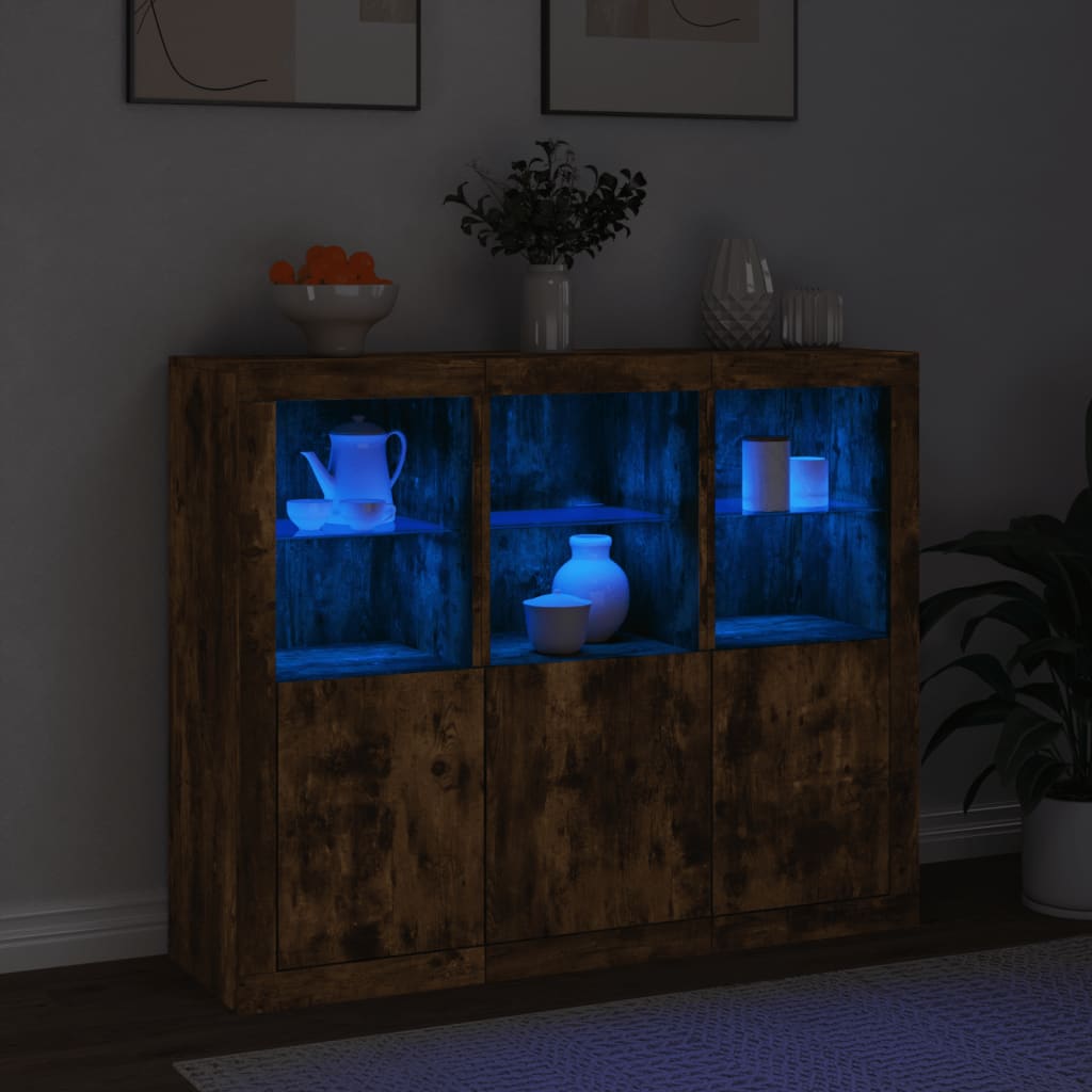 Buffets avec lumières LED 3 pcs chêne fumé bois d'ingénierie - XIOS