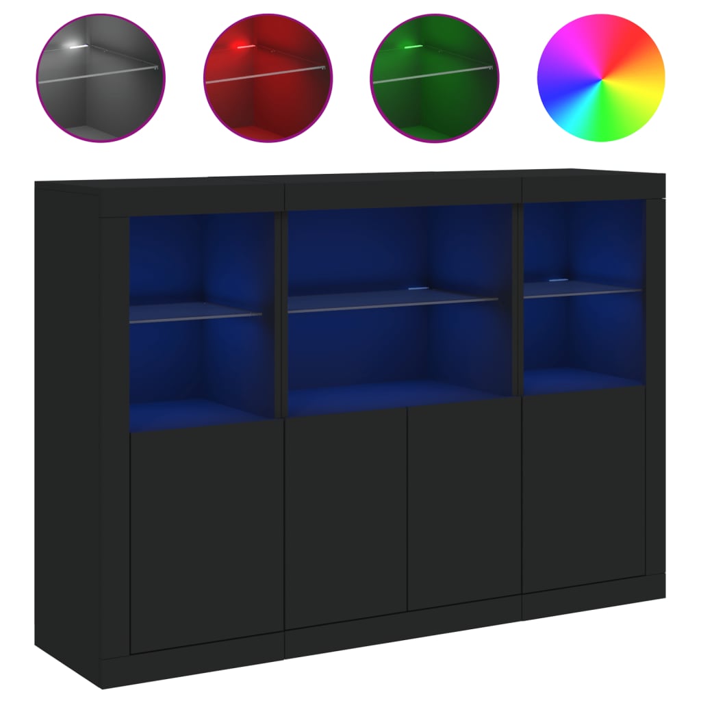 Buffets avec lumières LED 3 pcs noir bois d'ingénierie - XIOS