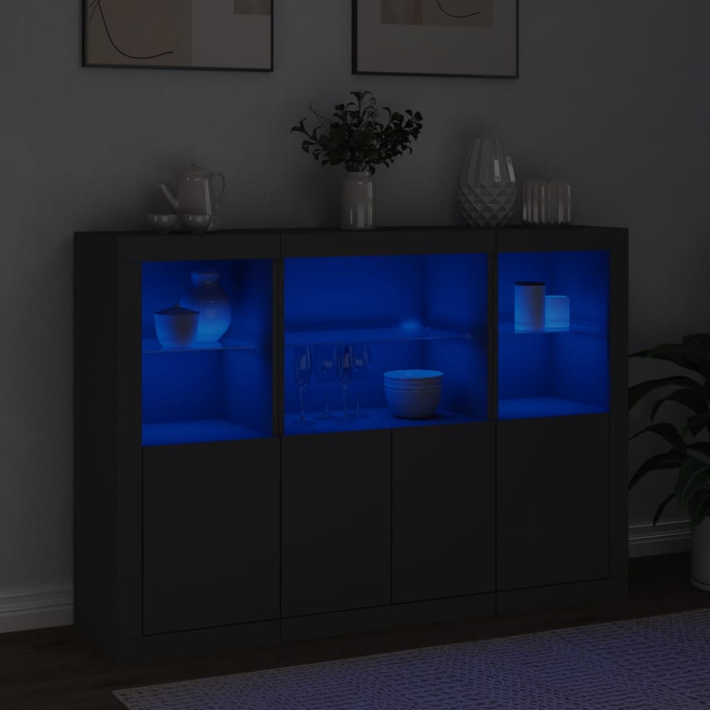 Buffets avec lumières LED 3 pcs noir bois d'ingénierie - XIOS