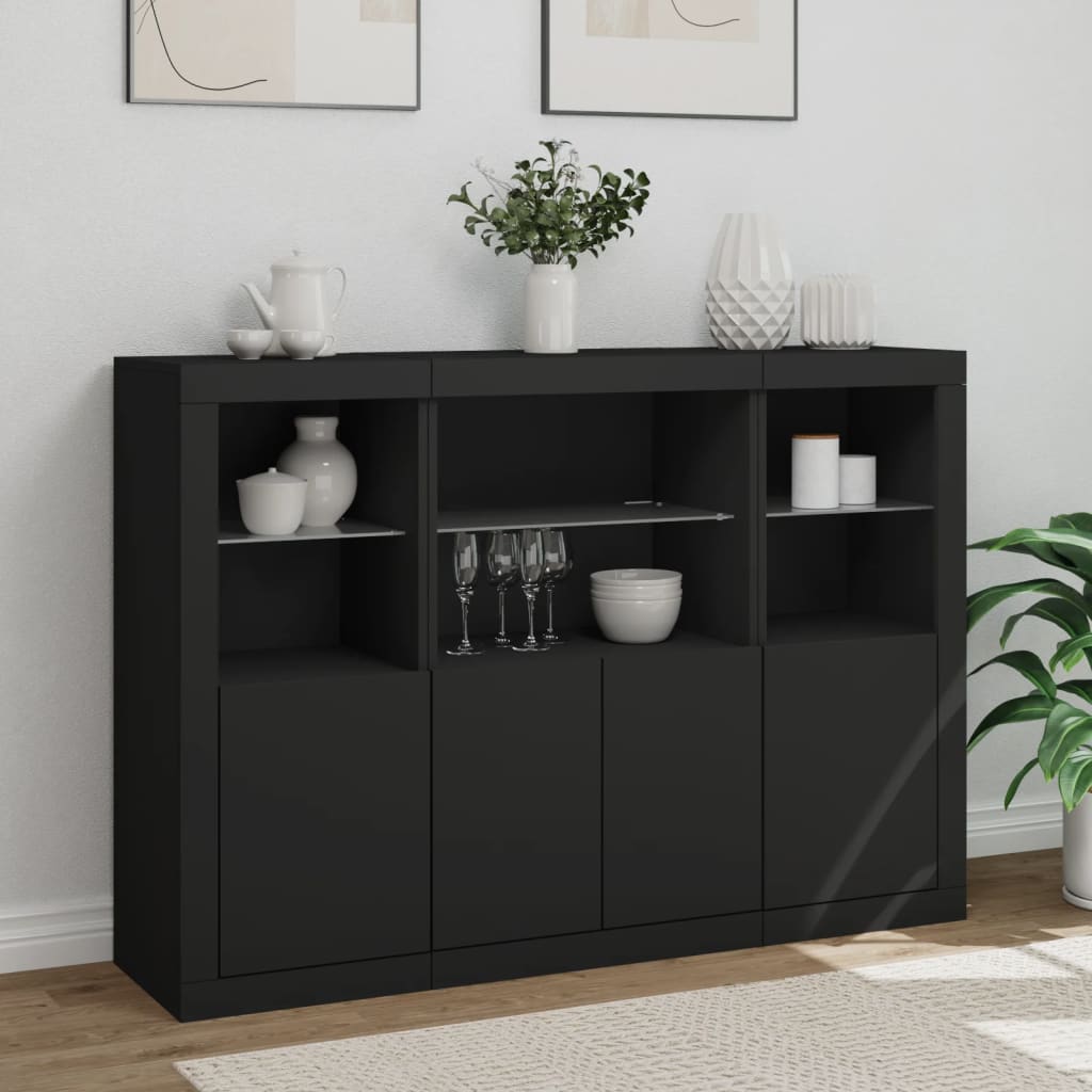 Buffets avec lumières LED 3 pcs noir bois d'ingénierie - XIOS