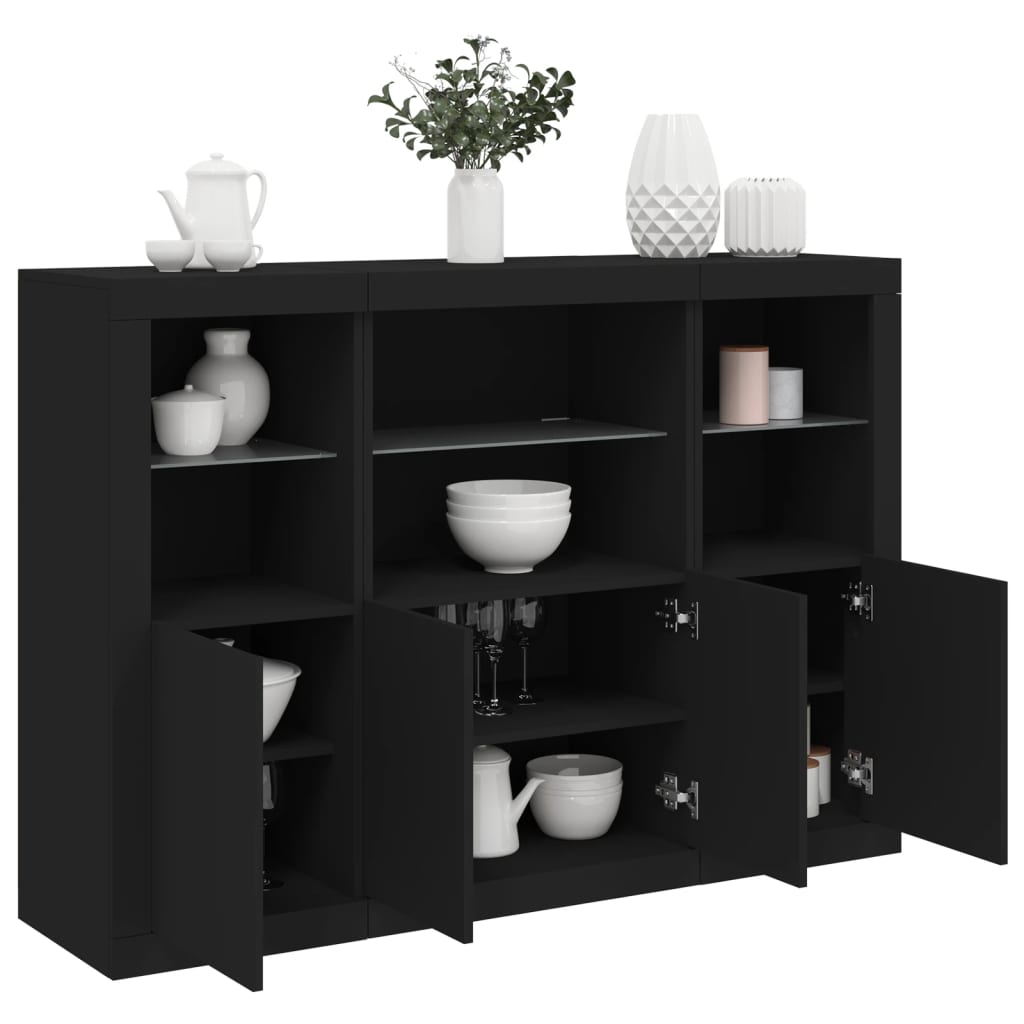 Buffets avec lumières LED 3 pcs noir bois d'ingénierie - XIOS