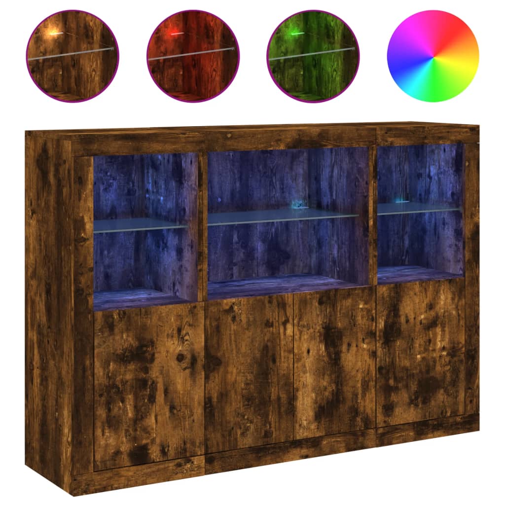 Buffets avec lumières LED 3 pcs chêne fumé bois d'ingénierie - XIOS