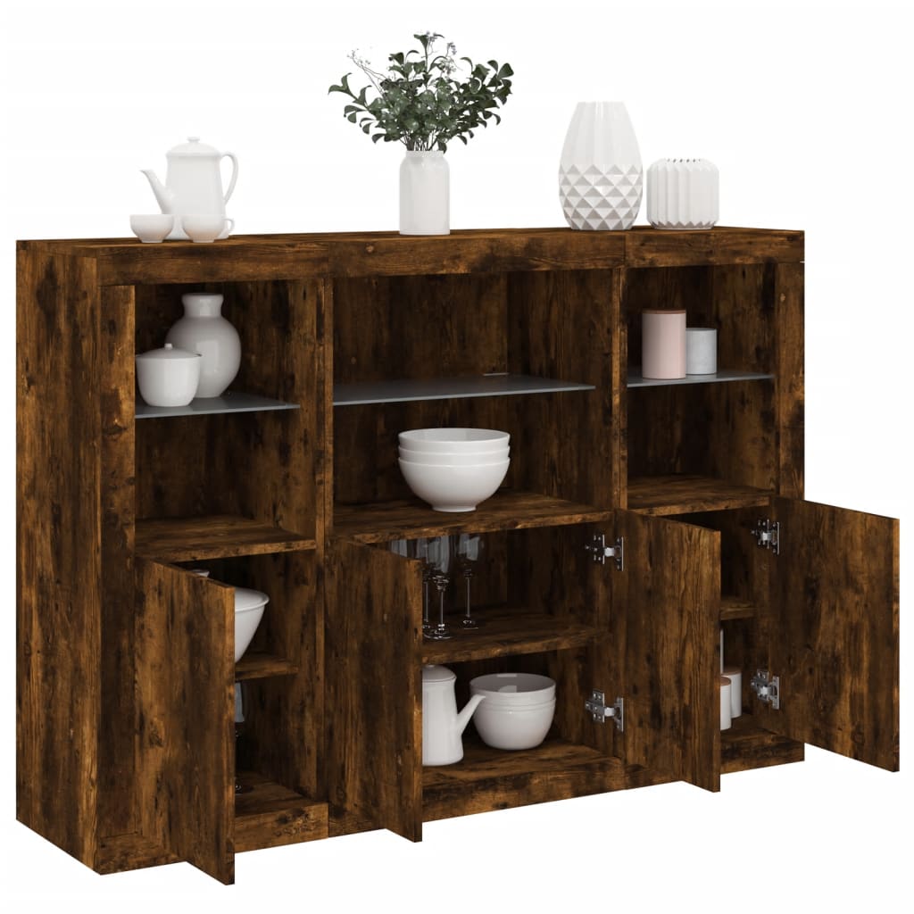 Buffets avec lumières LED 3 pcs chêne fumé bois d'ingénierie - XIOS