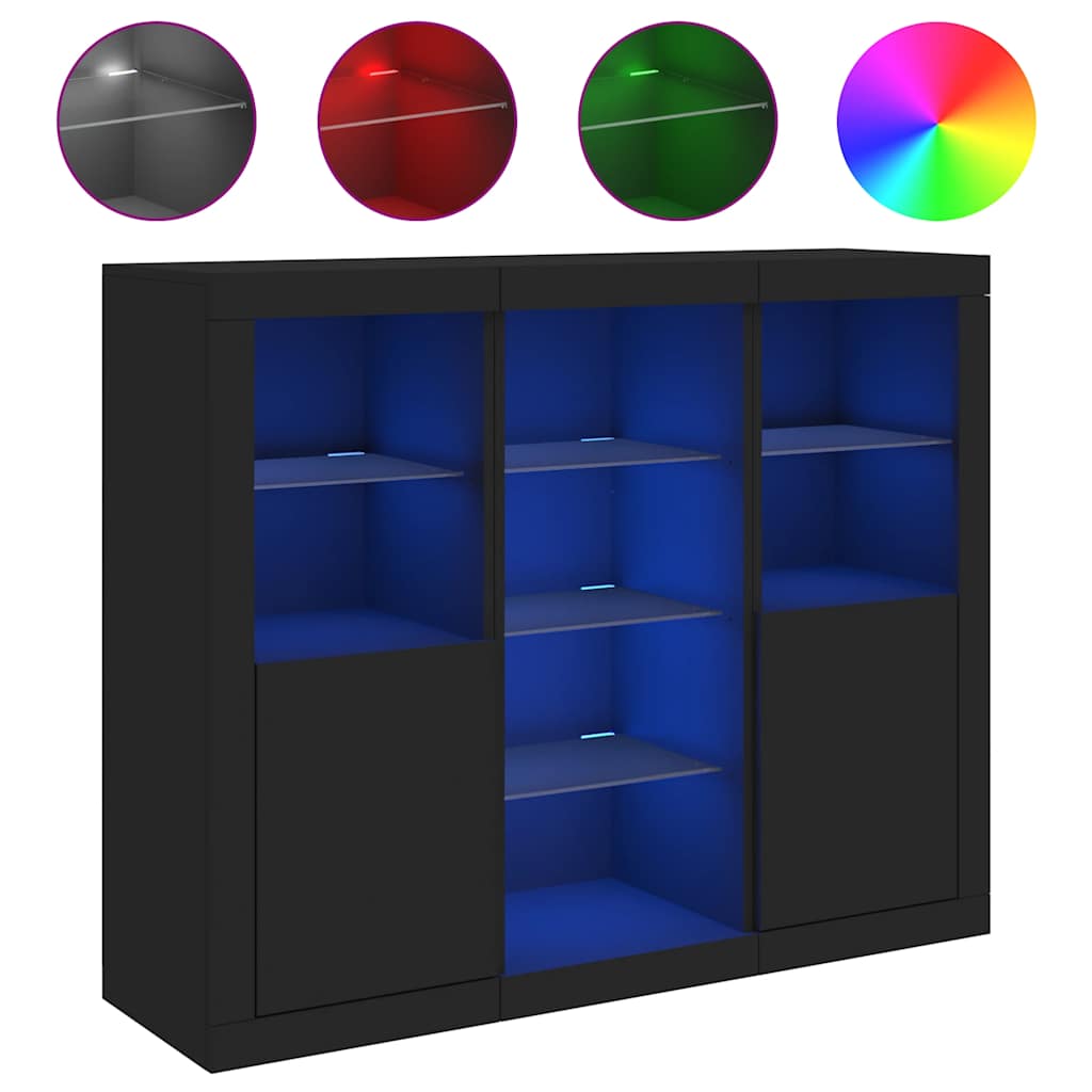 Buffets avec lumières LED 3 pcs noir bois d'ingénierie - XIOS