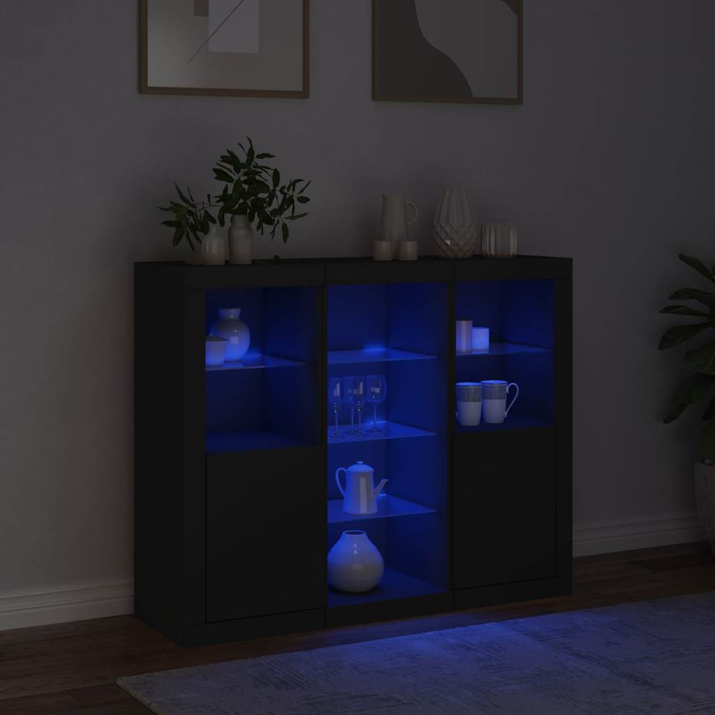 Buffets avec lumières LED 3 pcs noir bois d'ingénierie - XIOS