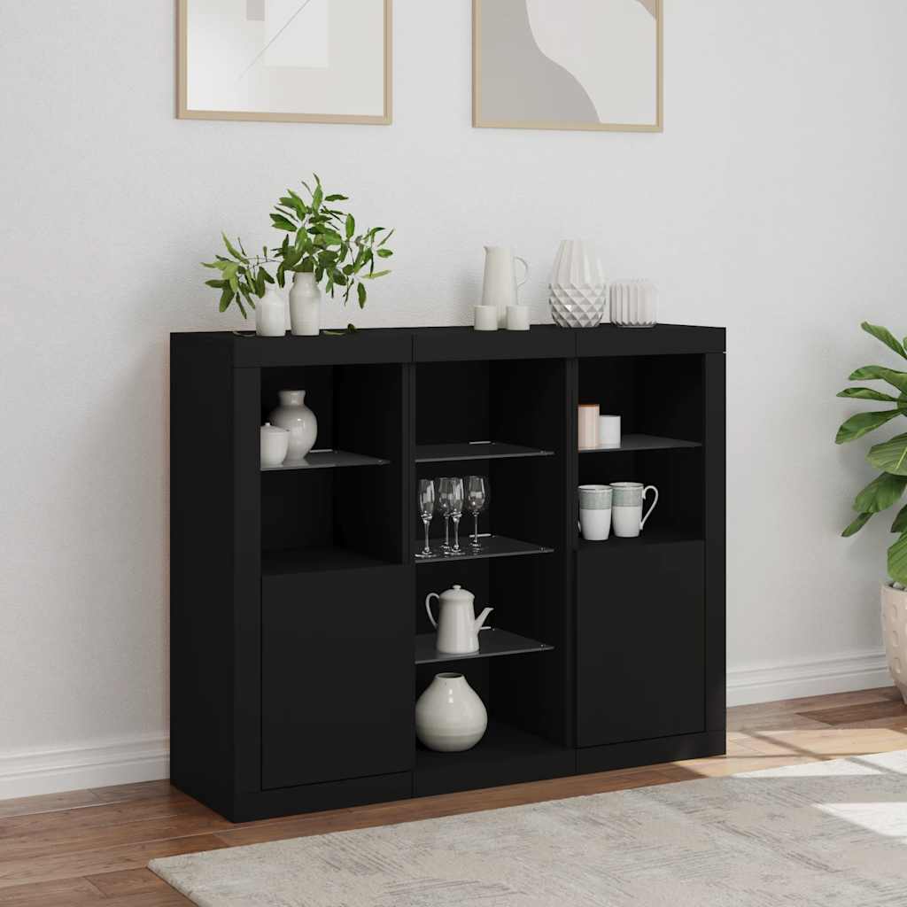 Buffets avec lumières LED 3 pcs noir bois d'ingénierie - XIOS