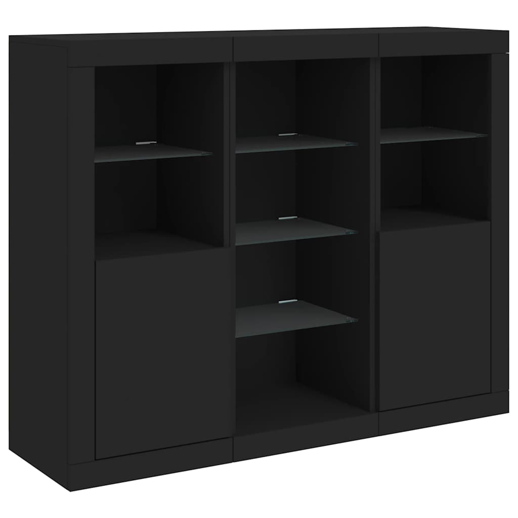 Buffets avec lumières LED 3 pcs noir bois d'ingénierie - XIOS