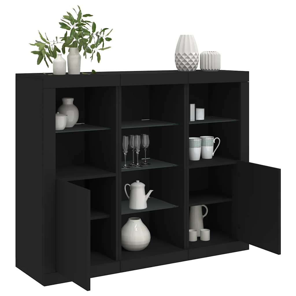 Buffets avec lumières LED 3 pcs noir bois d'ingénierie - XIOS