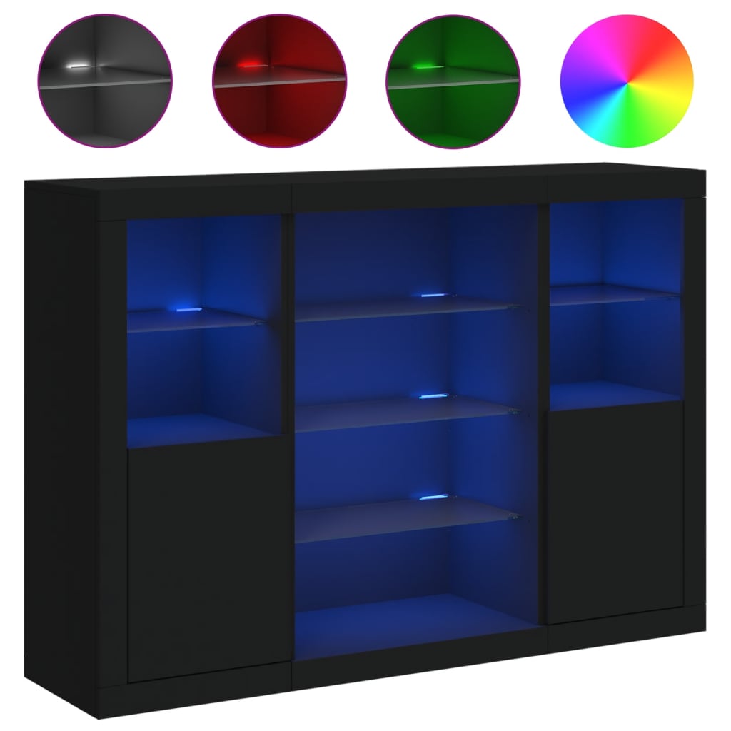Buffets avec lumières LED 3 pcs noir bois d'ingénierie - XIOS