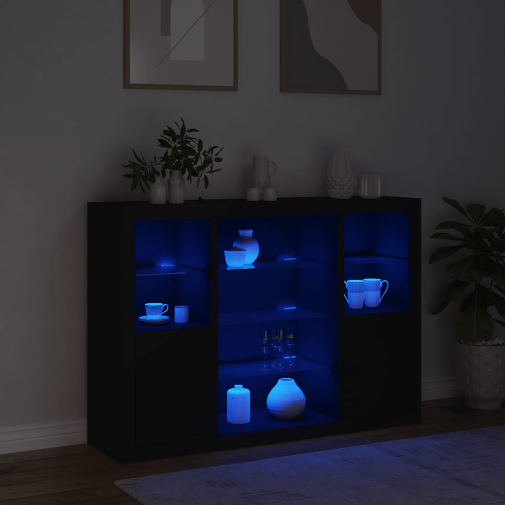 Buffets avec lumières LED 3 pcs noir bois d'ingénierie - XIOS