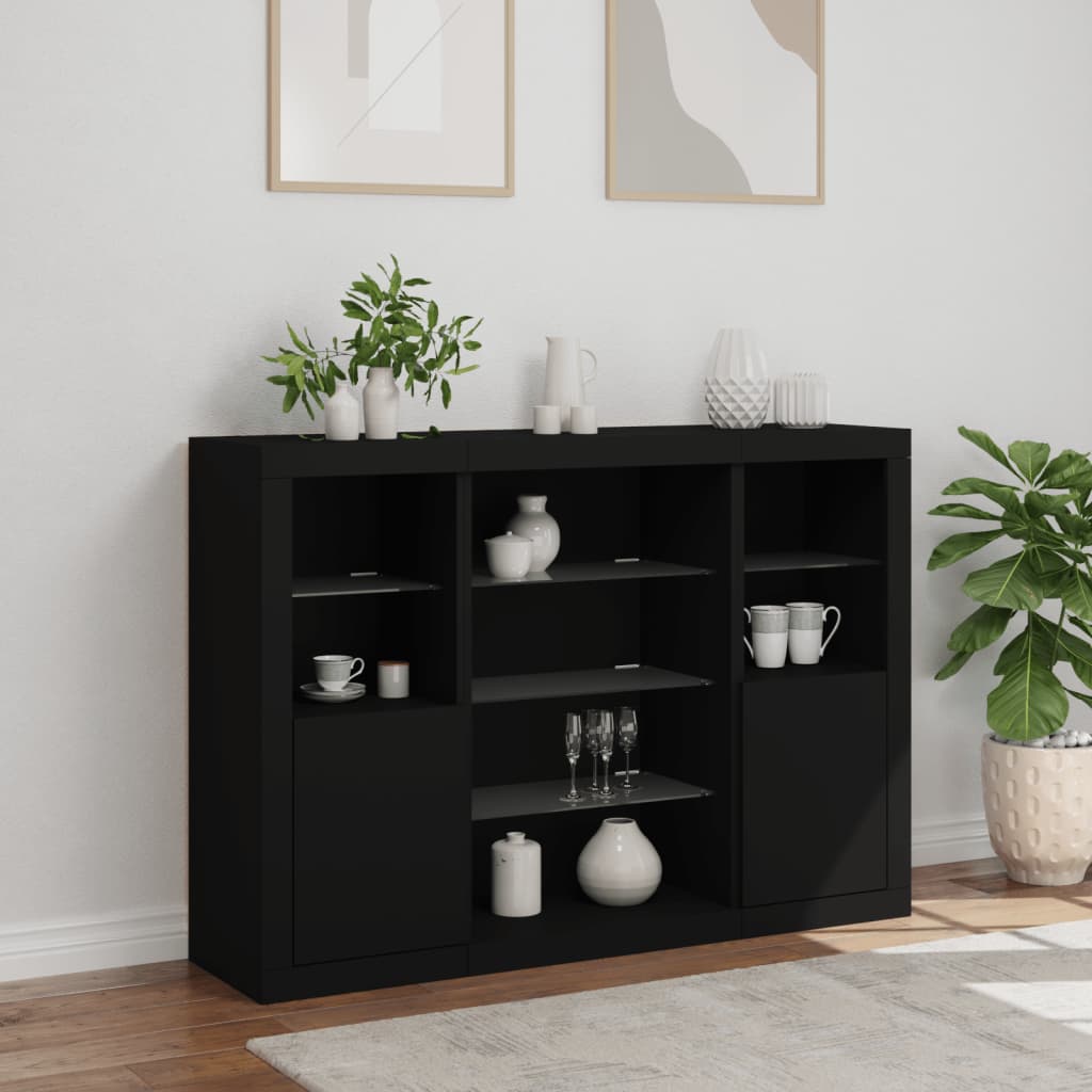 Buffets avec lumières LED 3 pcs noir bois d'ingénierie - XIOS