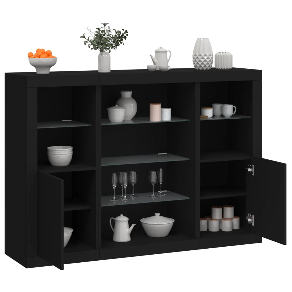 Buffets avec lumières LED 3 pcs noir bois d'ingénierie - XIOS