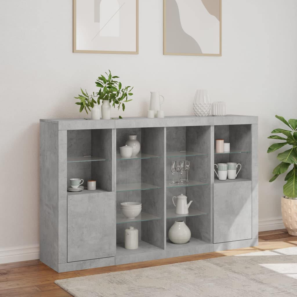 Buffets avec lumières LED 3 pcs gris béton bois d'ingénierie - XIOS