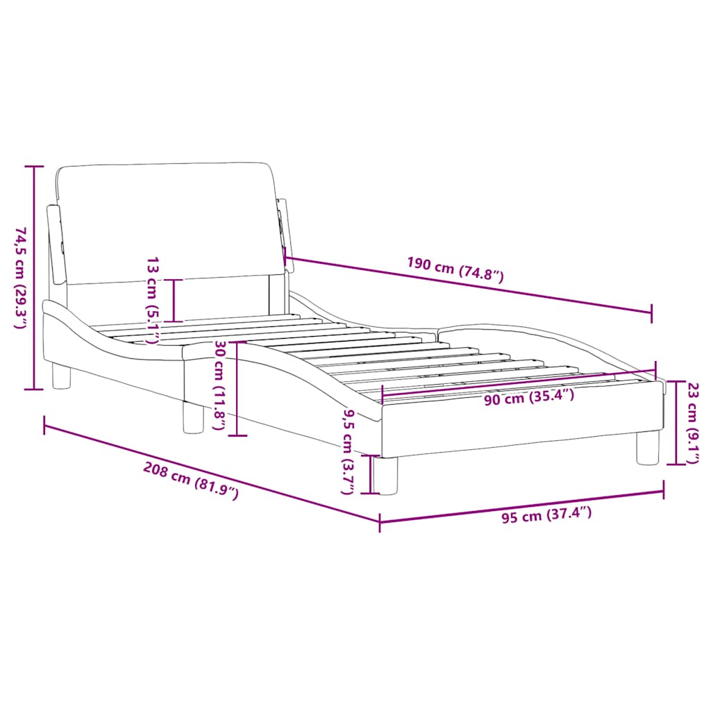 Cadre de lit avec tête de lit Dover taupe 90x190cm tissu - XIOS