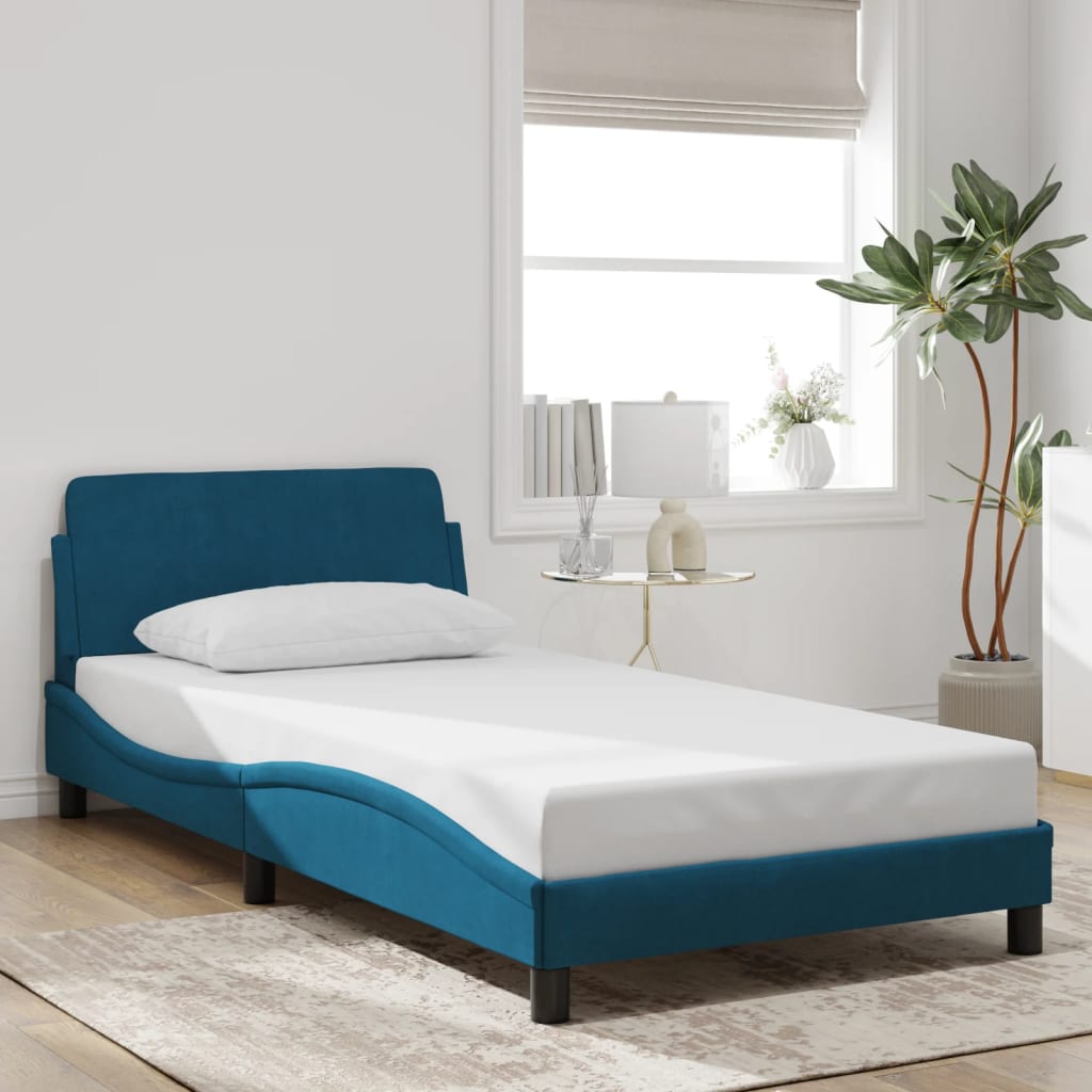 Cadre de lit et tête de lit sans matelas bleu 100x200cm velours - XIOS