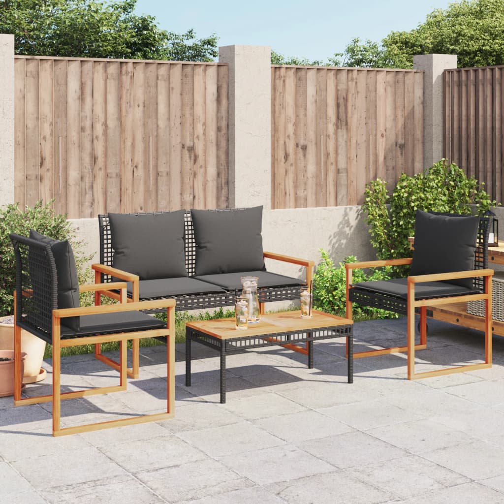 Salon de jardin 4 pcs avec coussins Noir Résine tressée - XIOS