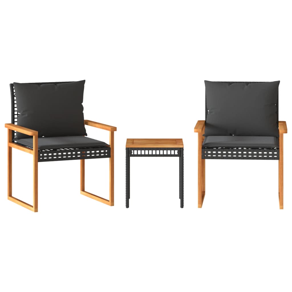 Ensemble de bistro 3 pcs et coussins noir résine tressée acacia Salons de jardin vidaXL