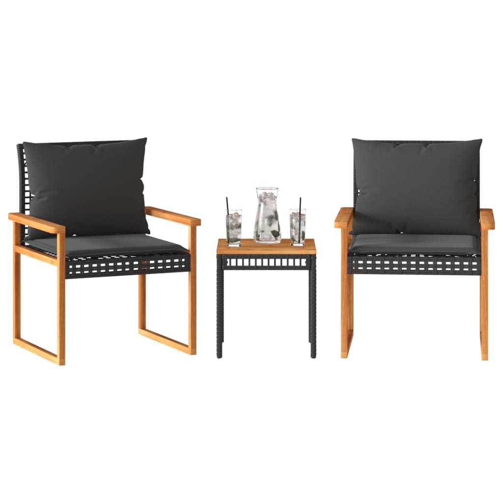 Ensemble de bistro 3 pcs et coussins noir résine tressée acacia Salons de jardin vidaXL